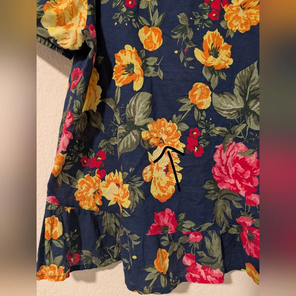 Navy Colorful Floral Cotton Boat Neck Puff Sleeve Relaxed Blouse M Resortwear - Picture 11 of 11